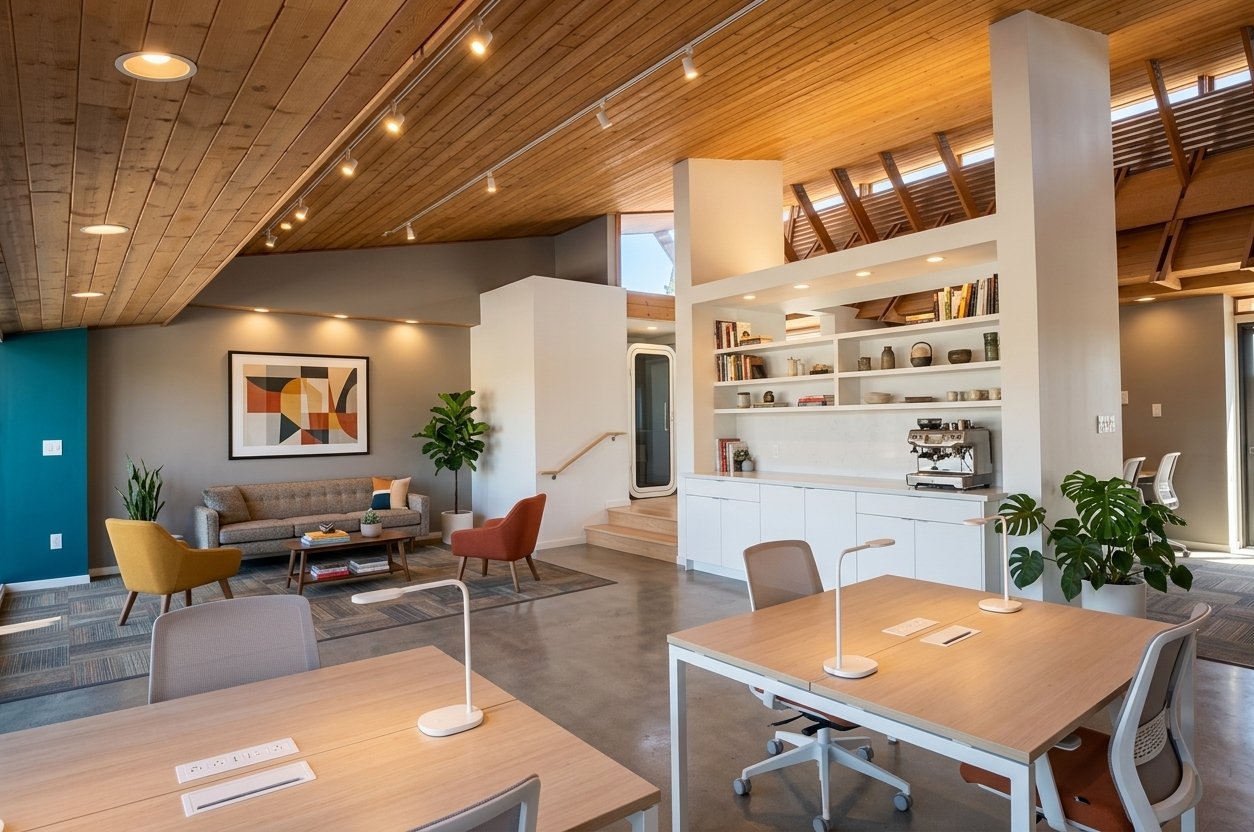 Co-working space after AI virtual staging with modern furniture